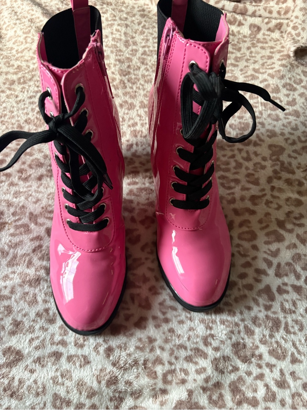 Glossy Pink Lace-Up Women's Ankle Boots